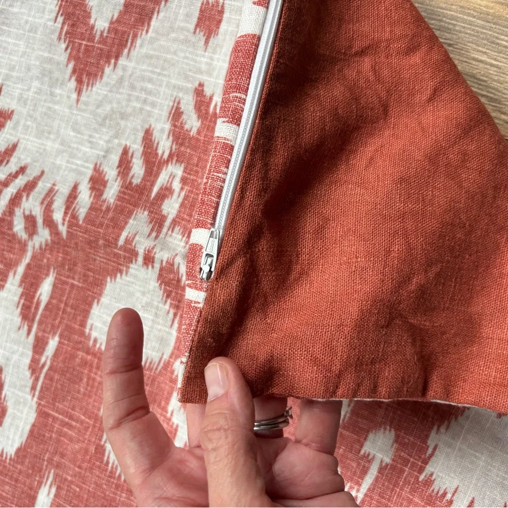 Linen Ikat Throw Pillow Cover Sham 20 inches Square Coral Red Cream Cottage